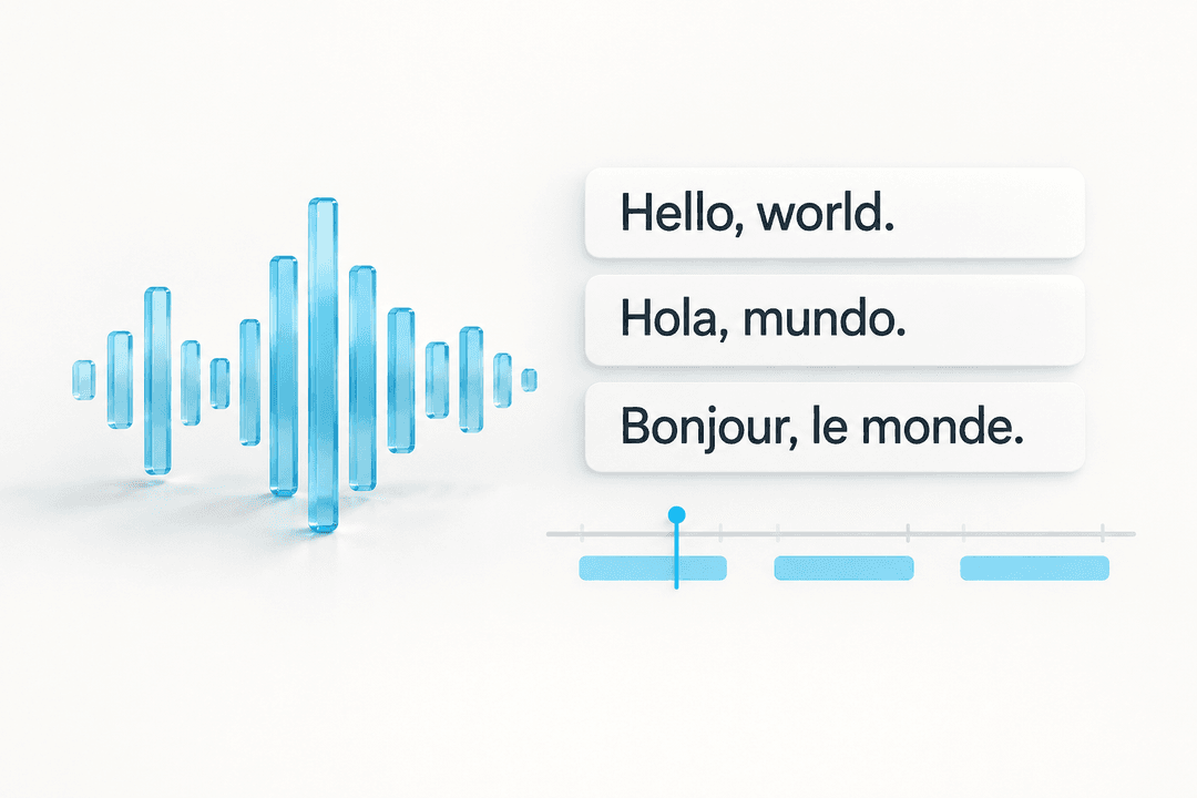 Illustration of an audio waveform with English, Spanish, and French subtitle examples